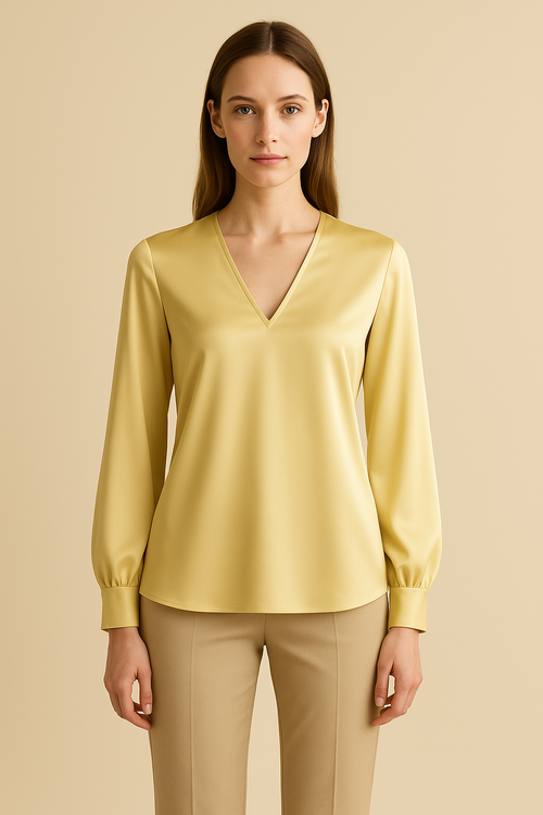 Azure Puff-Sleeve Viscose V-Neck Blouse