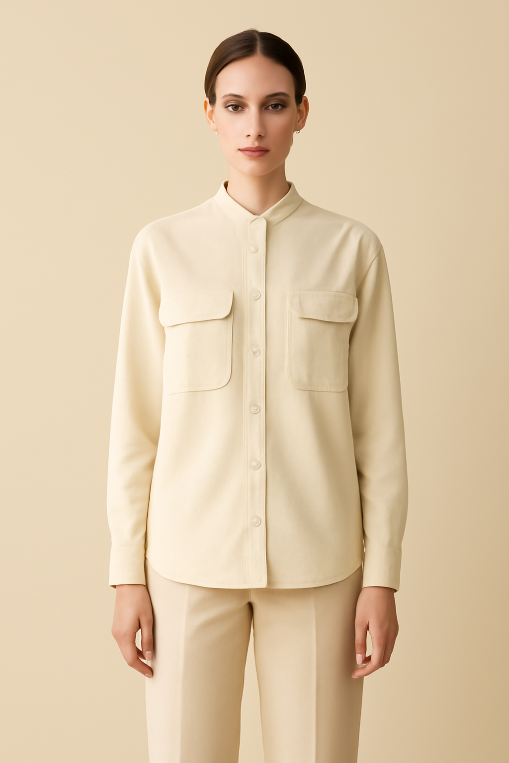 Azure Band-Collar Linen Utility Shirt