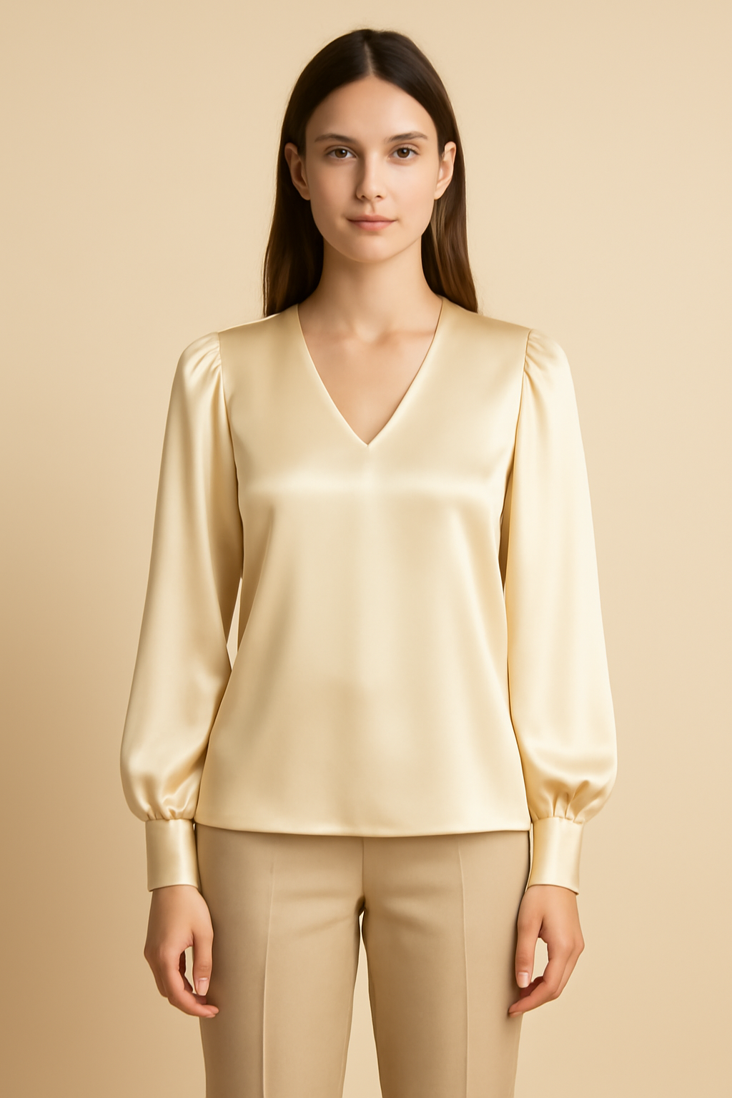 Azure Puff-Sleeve Viscose V-Neck Blouse
