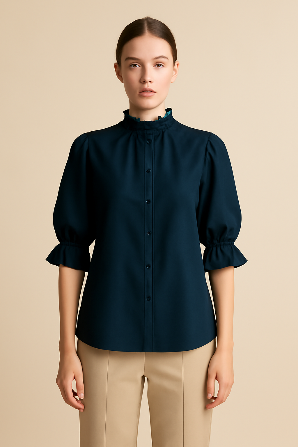 Meridian Long-Sleeve Linen Ruffled Blouse