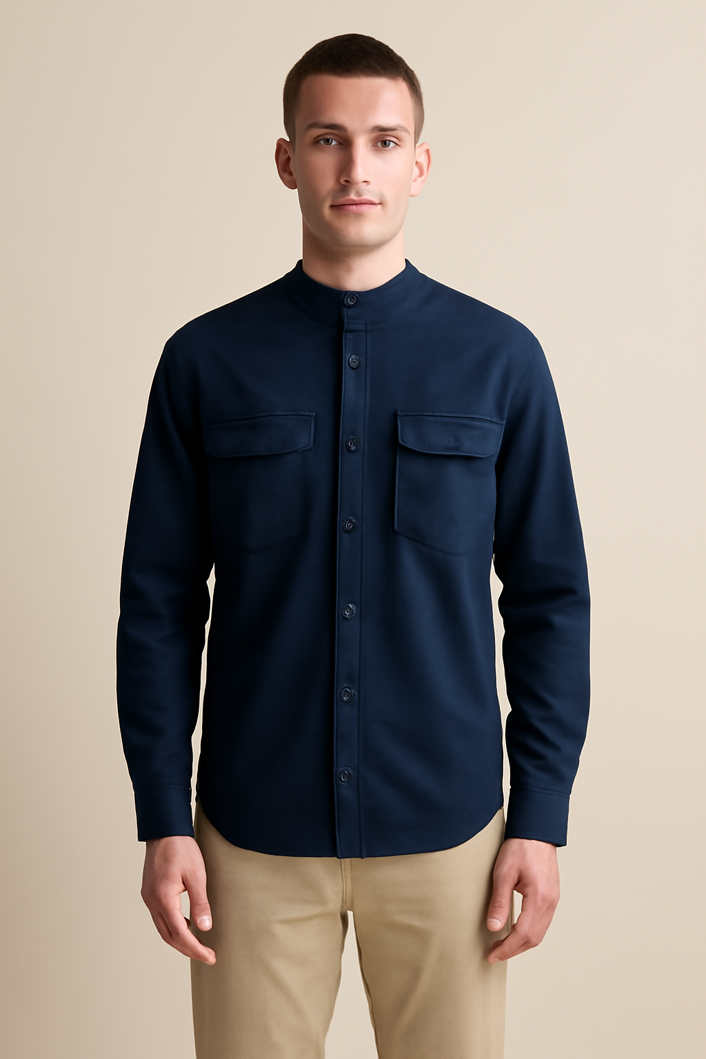 Terra Band-Collar Linen Utility Shirt